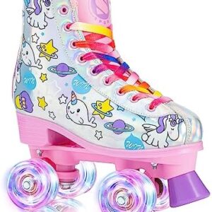 SULIFEEL Rainbow Unicorn Roller Skates for Girls Light up Wheels Womens Quad Skates with High Top Reflective TPU Leather