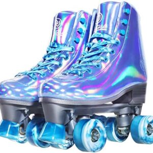 JajaHoho Roller Skates for Women, Very Peri Blue Holographic High Top Faux Leather Rollerskates, Shiny Double-Row Four Wheels Quad Skates for Girls and Age 8-51 Indoor Outdoor