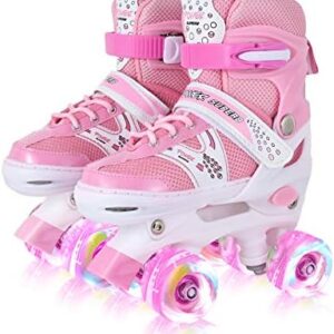 Roller Skates for Girls and Kids, 4 Sizes Adjustable Roller Skates, with All Wheels Light up, Fun Illuminating for Girls and Kids, Roller Skates for Kids Beginners, Pink