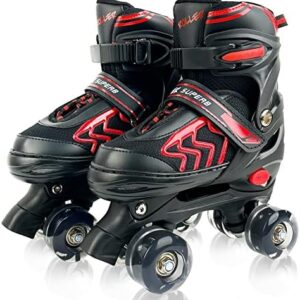 HXWY Kids Roller Skates for Boys Girls Child, Adjustable 4 Sizes Roller Skates for Kids and Youth with Light Up Wheels, Quad Black & Red Roller Skates for Sports