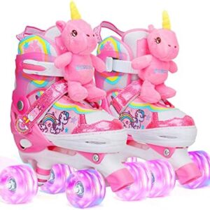 Unicorn Doll Kids Toddler Roller Skates for Girls,WESKIFAN Quad Skating Shoes with Shiny Light up Wheels&Adjustable Sizes Beginners rollerskates for Birthday Xmas Gifts,Patines para Niñas Niños