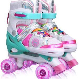 Kids Adjustable Roller Skates for Girls Boys Beginner, 4 Size Adjustable Roller Skates with Light Up Wheels and Colorful Shoelaces