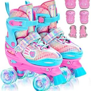 Roller Skates for Girls, Sportneer 4 Size Adjustable Roller Skate Grow with Girls Age 6-12 Light Up Roller Skates with Protective Gears Illuminating Wheels Gift for Kids Toddler Beginner