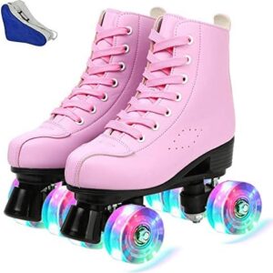 Women Roller Skates PU Leather High-top Roller Skates Four-Wheel Roller Skates Double Row Shiny Roller Skating for Indoor Outdoor