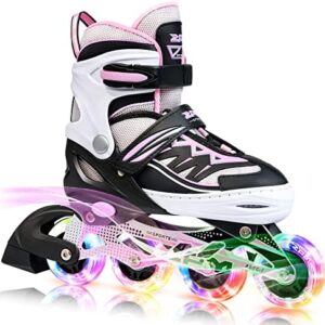 2PM SPORTS Cytia Pink Girls Adjustable Illuminating Inline Skates with Light up Wheels, Fun Flashing Beginner Roller Skates for Kids