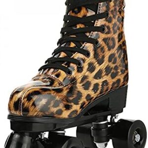 Roller Skates for Women Cozy Stylish Leopard PU Leather High-top Roller Skate Shoes for Beginner, Indoor Outdoor Double-Row Roller Skates with Shoes Bag