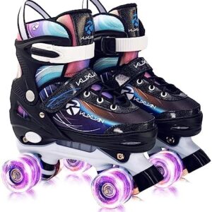 Adjustable Roller Skates for Girls Women, Black Purple Kids Boys Roller Skates with Light up Wheels, Fun Illuminating Roller Blading for Youth