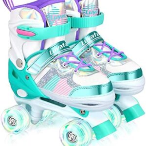 Luyata Roller Skates for Girls Boys Adjustable, 4 Size Ages 6-12 & 3-5, Kids Roller Skates with Light Up 8 Shining Wheels, 3 Color Shining Roller Skates for Toddlers Boys Girls Beginners