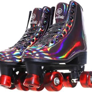 JajaHoho Roller Skates for Women, Black Holographic High Top PU Leather Rollerskates, Shiny Double-Row Four Wheels Quad Skates for Girls and Age 8-50 Indoor Outdoor
