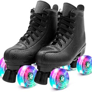 PERZCARE Roller Skates for Women&Girls,Premium High-top Classic Double-Row Design Roller Skates Shoes 4 Shiny Wheels,PU Leather Roller Skates for Beginners Teens/Adult/Boys/Unisex Indoor/Outdoor