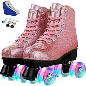 Womens Roller Skates PU Leather, Adjustable Shiny Skates, Light Up 4 Wheels Double Row Roller Skates for Girls