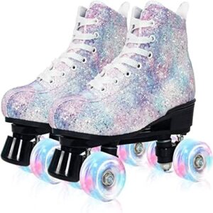 Roller Skates for Women with Glitter Leather High-top Classic Double Row Rollerskates, Unisex-Adult Derby Skate for Beginner,Indoor Outdoor Fast Braking Rink Skates