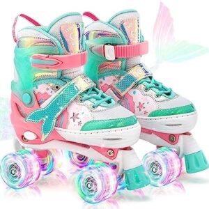 NEMONE Mermaid or Bunny Strawberry 4 Size Adjustable Light up Roller Skates for Girls, Purple Blue Skates for Toddlers, Beginner Kids Roller Skates Indoor Outdoor
