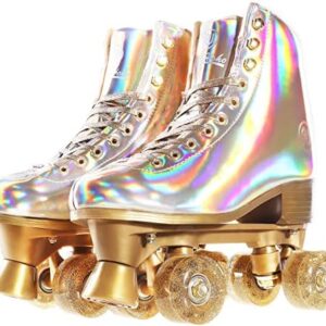 JajaHoho Roller Skates for Women, Holographic High Top PU Leather Rollerskates, Shiny Double-Row Four Wheels Quad Skates for Girls and Age 8-50 Indoor Outdoor