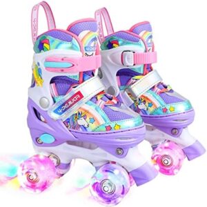 Rainbow Unicorn Kids Roller Skates for Girls Boys Toddler Ages 3-6,4-Pejiijar Adjustable Roller Shoes with Luminous Wheels for Birthday Xmas Gifts