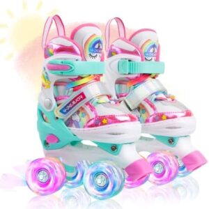 Rainbow Unicorn Kids Roller Skates for Girls Boys Toddler Ages 3-6,4-Pejiijar Adjustable Roller Shoes with Luminous Wheels for Birthday Xmas Gifts