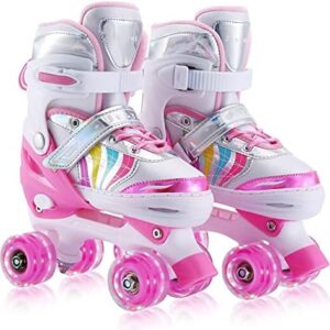 Kids Roller Skates Adjustable for Girls Boys Toddlers Youth, Pink 4 Size Adjustable Light Up Roller Skates for Size 11J todders to Size 7 Youth Women