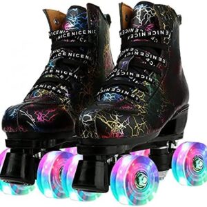 Women Roller Skates Classic High-top Outdoor Skate Roller Light-Up Four-Wheel Lightning Pattern Shiny Roller Skates for Adult Women Men with Shoe Bag