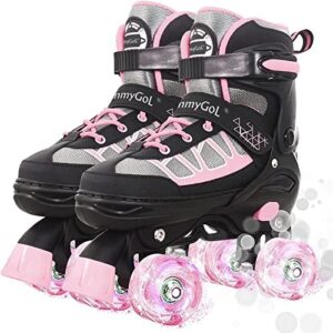 MammyGol Roller Skates for Kids Boys Girls, Adjustable Quad Skates with Light Up Wheels for Toddler Little Kids Ages 6-12, Beginners Outdoor Sports