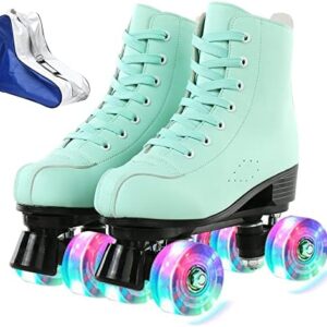 XUDREZ Roller Skates for Women Cozy Green PU Leather High-top Roller Skates for Beginner, Indoor Outdoor Double-Row Roller Skates with Shoes Bag
