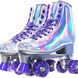 JajaHoho Roller Skates for Women, Holographic High Top PU Leather Rollerskates, Shiny Double-Row Four Wheels Quad Skates for Girls and Age 8-50 Indoor Outdoor