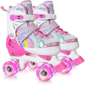 Nattork Girls Roller Skates for Kids, 4 Size Adjustable Rainbow Quad Skates with All Light Up Wheels - Best Birthday Gift for Outdoor Sports