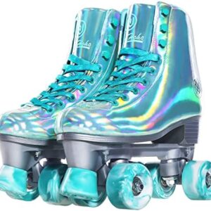 JajaHoho Roller Skates for Women, Mint Green Holographic High Top Faux Leather Rollerskates, Shiny Double-Row Four Wheels Quad Skates for Girls and Age 8-50 Indoor Outdoor