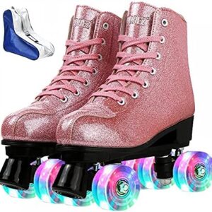 XUDREZ Roller Skates for Women Men Shiny PU Leather High-top Roller Skate Shoes for Beginner Classic Double-Row Roller Skates, Indoor Outdoor Roller Skates