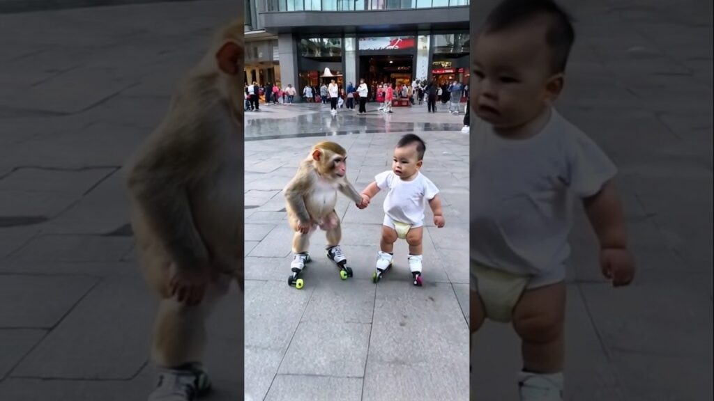 The little monkey is having so much fun playing with baby 🍼 #baby #monkey #shorts