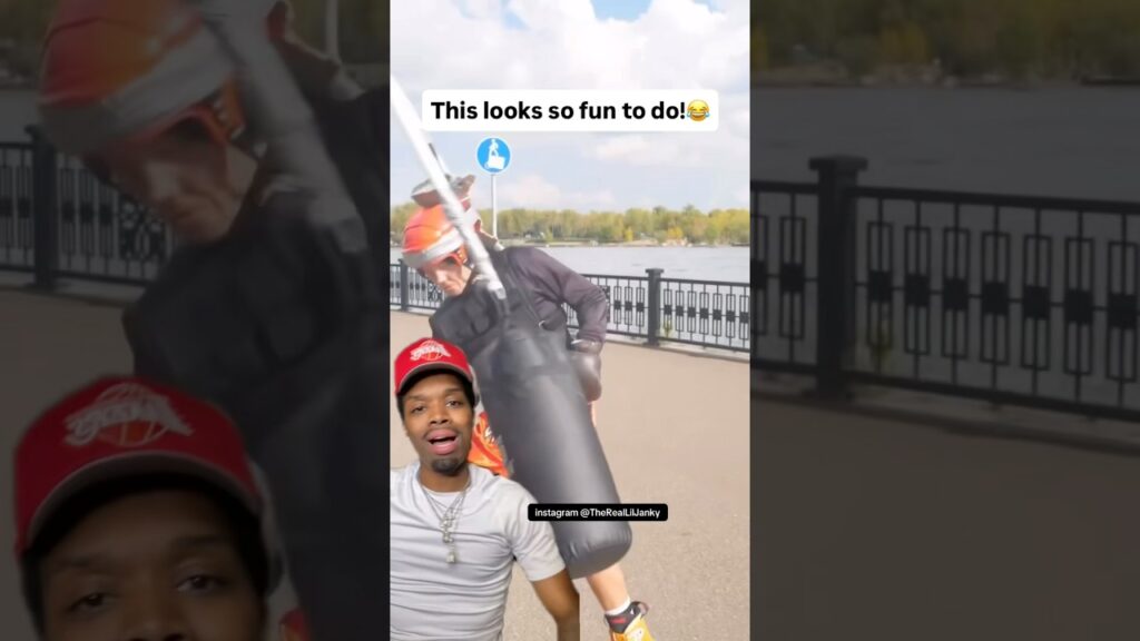 I never seen somebody roller skate around with a punching bag like this before :